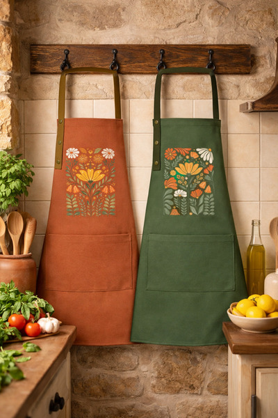 Hulganz Kitchen Apron Set of 2 Stain Resistant Water Repellent Fabric Colorfa...