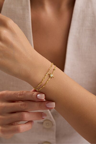 Nereze 925 Ayar Gümüş Gold Kaplama Çift Zincirli Kutup Yıldızı Model Bileklik