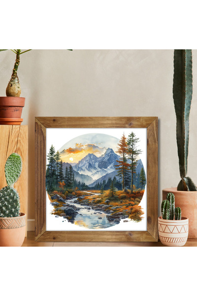 Tuba Decor Tablou pătrat cu rame din lemn, munți și peisaj
