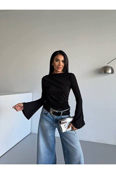 Freya Kadın siyah Drape Detaylı İspanyol Kol Sany Bluz
