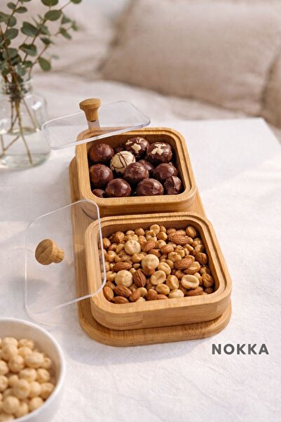 NOKKA Bambu 2 Adet Kare Akrilik Kapaklı Kase ve Altlık, Çerezlik , Sunum Kase...