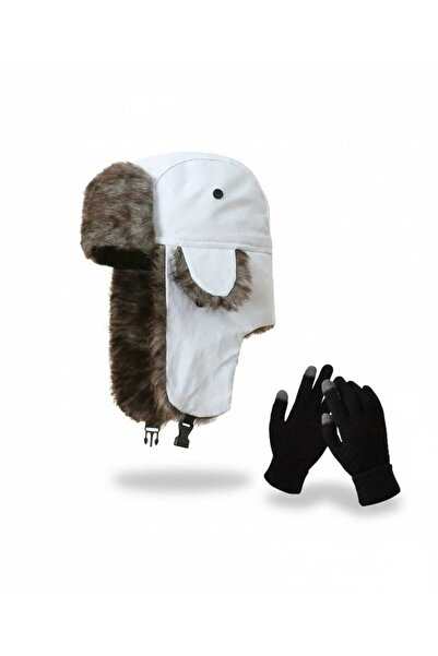 Betülce 2li Takım Kürklü Rus Kayak Şapkası ve Yün Dokunmatik Siyah Eldiven ( ...