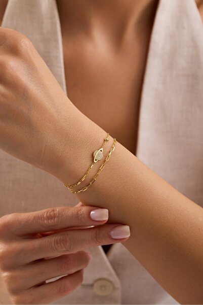 Nereze 925 Ayar Gümüş Gold Kaplama Çift Zincirli Gezegen Model Bileklik