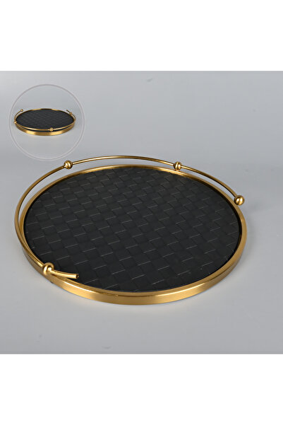 Generic Round serving tray, 37 cm, black leather with a brass steel frame, el...