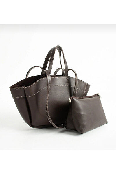 Melos Butik Ženska torba sa dvostrukim remenom u boji gorkog smeđeg sa bejom ...