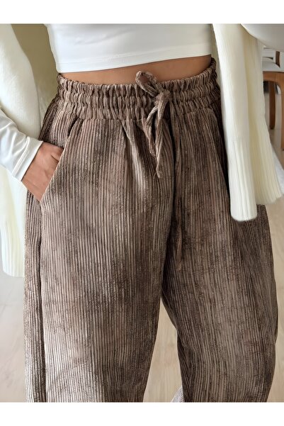 perla wear KADIN Beli Lastikli Fitilli Kadife Pantolon