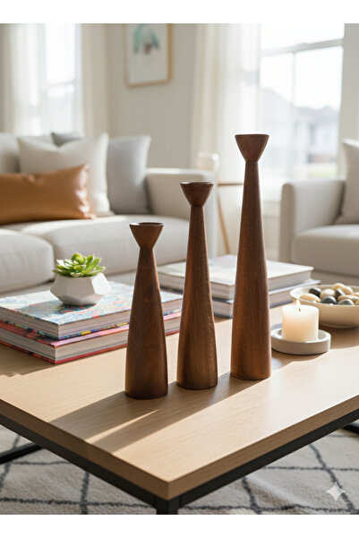 Woodya PİYON 3’LÜ AHŞAP CEVİZ RENGİ ŞAMDAN 31cm-26cm-21cm