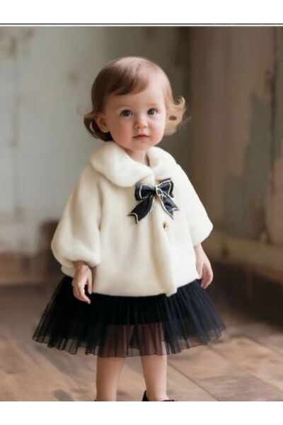 STRSTORE Kızlar için Fiyonklu Peluş Pelerinli Beyaz Yaka Prenses Mont, Tatlı ...