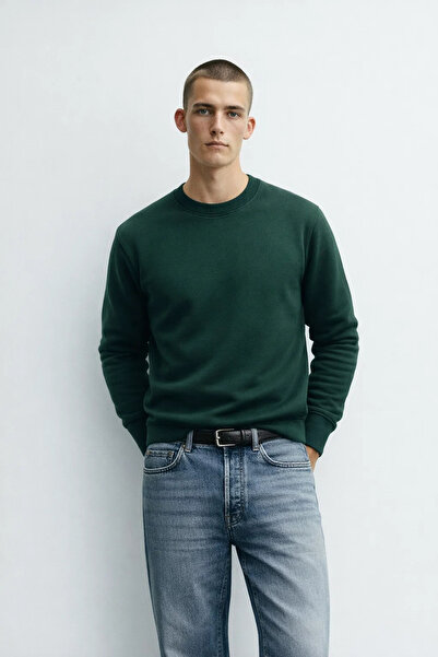 MATERIAL Erkek Bisiklet Yaka Kışlık K. Yeşil Bol Sweatshirt