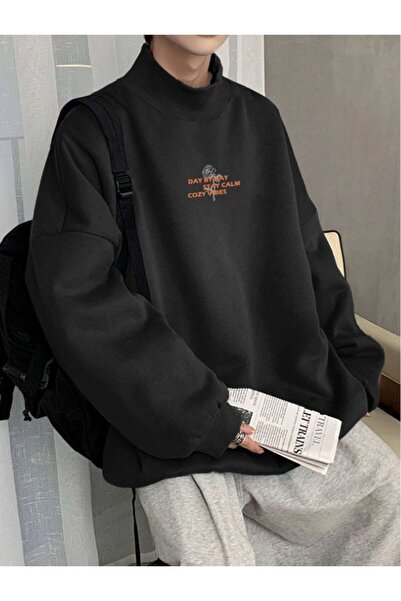 donamod Pantaloni negri pentru femei Day By Day cu imprimeu Boğaz Detail Swea...