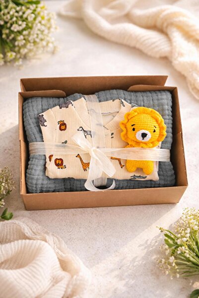 ellsia yenidoğan hediye seti 120*80 4 katlı müslin örtü tulum amugurumi oyunc...