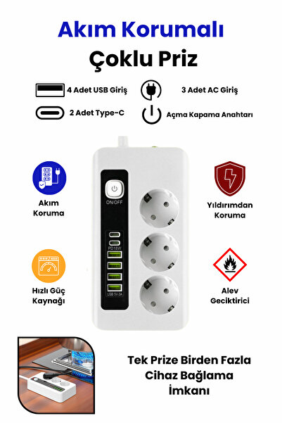 Yussraw Pro P10 3x Priz 3000W Akım Korumalı 4x USB 2x Type-C Girişli Çoklu Priz