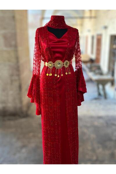 MODA İçi Saten Taşlı Abiye Kaftan Şal Ve Kemer Dahil