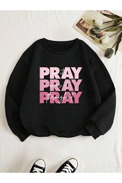 donamod Negru Pray cu imprimeu supradimensionat guler rotund Swea tricou bsgp...
