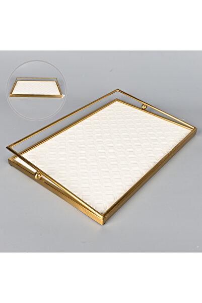 Generic A rectangular serving tray, 42 x 28 cm, off-white faux leather with a...