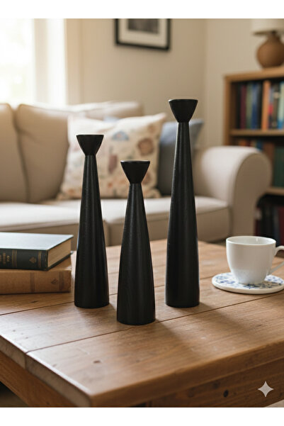 Woodya PİYON 3’LÜ SİYAH AHŞAP ŞAMDAN 31cm-26cm-21cm