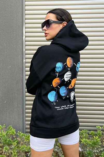 donamod Дамска черна блуза с голям размер и галактически принт GALAKSİSWEAT