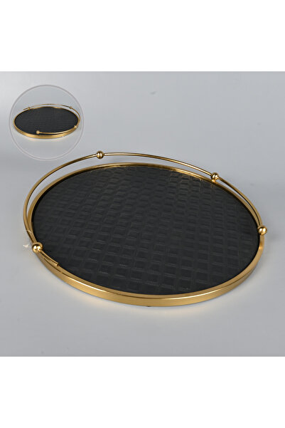 Generic Round serving tray, black leather, 42 cm diameter, with a durable cop...