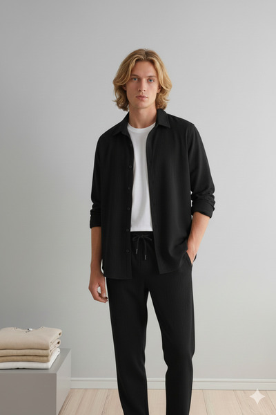 Modaikon Stretch Fabric Crepe Fabric Men/Unisex Long Sleeve Shirt Bottom Top Set