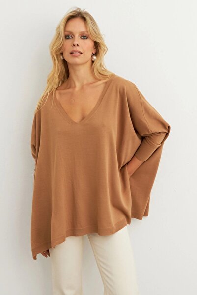 Be Best Women's Camel V-Neck Loose Blouse Be285
