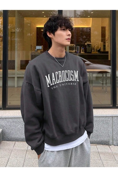 donamod Antracit Macarocosm cu imprimeu supradimensionat guler rotund buc. Ha...