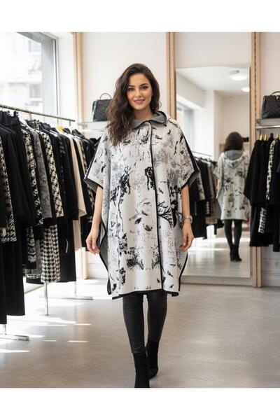 sportiness Women's Hooded Patterned Knitwear Poncho