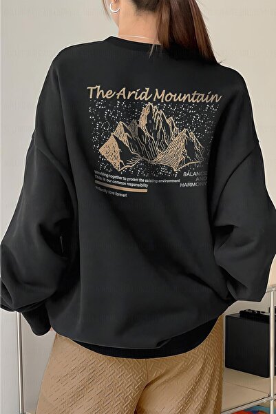 donamod سترة نسائية سوداء اللون مطبوعة من Arid Mountain 0 برقبة دائرية كبيرة ...