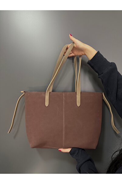 Melos Butik Women's Brown Nubuck Suede Tote Hand and Shoulder Bag