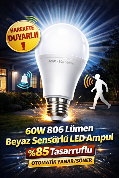 Astakos 60W Sensörlü LED Ampul Beyaz Işık 806 Lümen Hareket Algılayıcılı Otom...