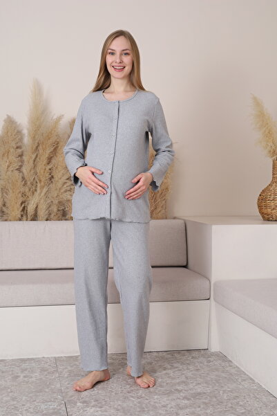 Miss Dünya Lissa Front Buttoned Soft Fabric Crew Neck Long Sleeve Maternity a...
