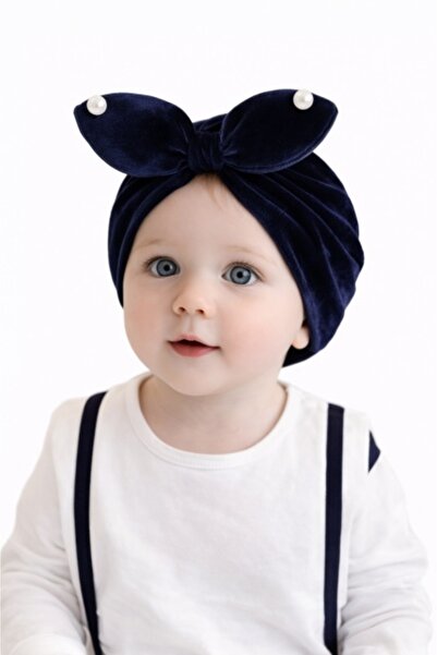 Pure Boutique Navy blue velvet turban hat with pearls