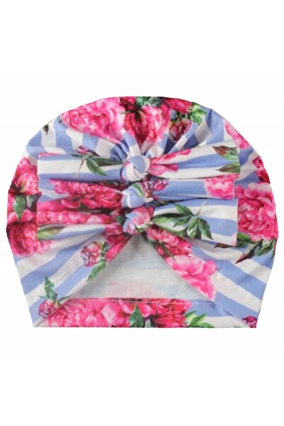 Superbaby Floral turban hat with blue stripes and bows in the front