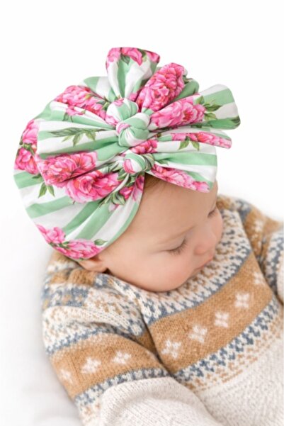 Pure Boutique Caciulita tip turban inflorata cu dungi verzi si fundite in fata