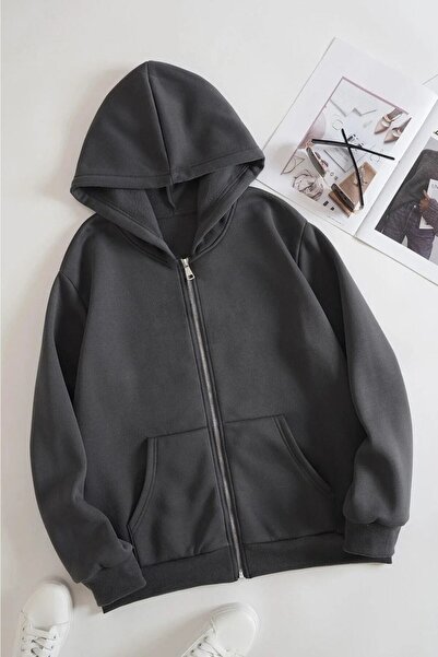 donamod Unisex Anthracite Oversize Zippered Cardigan mdgnantrhırka