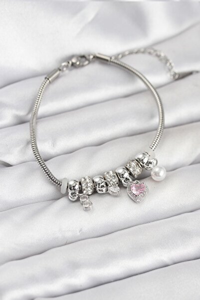 Inure Jewelry Brass Silver Color Pink Heart Charml Women's Bracelet