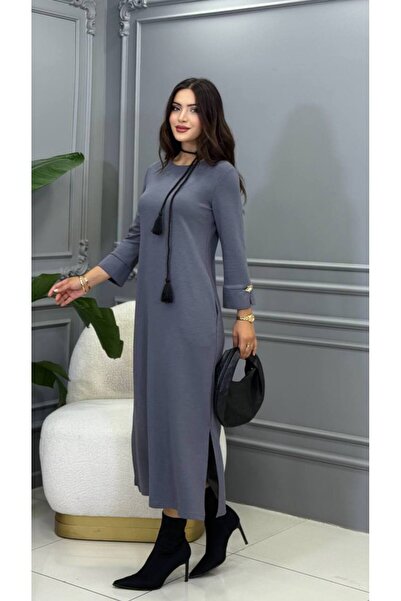 Cannes Hoby Cuffed Sleeves Tasseled Belted Crew Neck Maxi Length Gray Dress