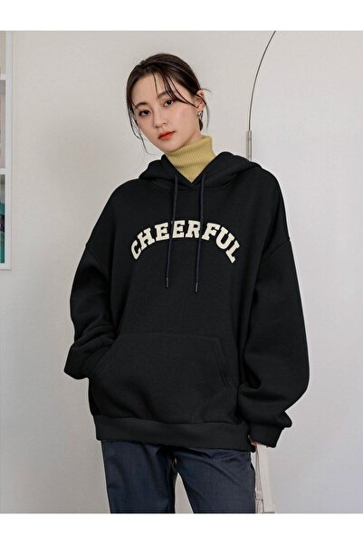 donamod Γυναικείο μαύρο φούτερ Cheerful με τύπωμα oversized με κουκούλα Benis...