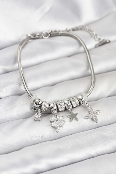 Inure Jewelry Silver Color Brass Clover Charmlı Women's Bracelet