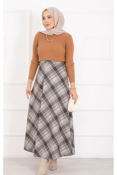 Molly Nelly Kadın Ekoseli Baskılı Kloş Skuba Uzun Etek