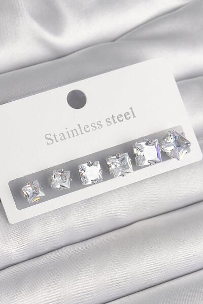 Inure Jewelry طقم أقراط نسائية من الفولاذ الفضي اللون مربع الزركون 316L