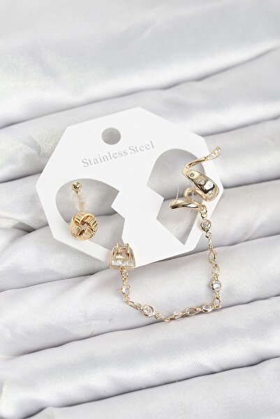 Inure Jewelry طقم أقراط على شكل ثعبان من النحاس بلون ذهبي مع سلسلة متصلة