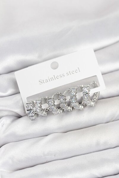 Inure Jewelry 316L Steel Silver Color Baguette Zircon Stone Hoop Earrings Set