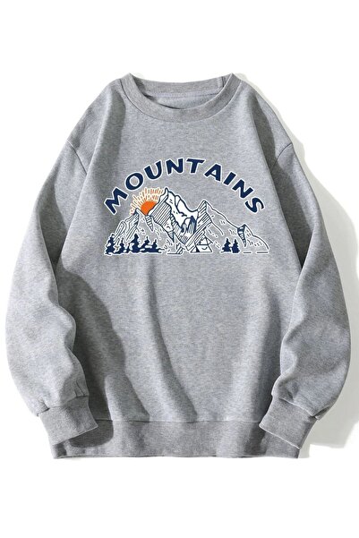 donamod Women's Gray Mountains Printed Oversize Crew Neck Sweatshirt beniseng...