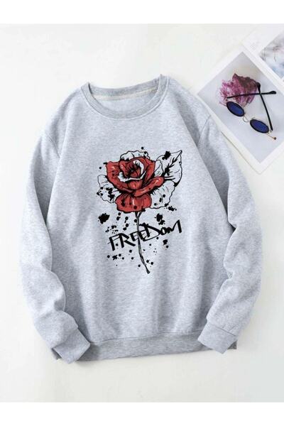 donamod Femei Gri Gül Freedom guler rotund Swea tricou gülfreedombyaka