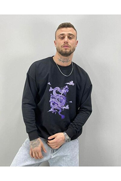 donamod Ανδρικό φούτερ με λαιμόκοψη με ποδήλατο Black Dragon με τύπωμα oversi...