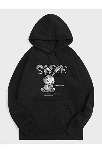 donamod Φούτερ με κουκούλα Unisex Black Rabbit με στάμπα μεγάλου μεγέθους TAV...