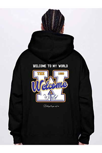 donamod Hanorac cu glugă cu imprimeu de bun venit la spate negru pentru bărbați