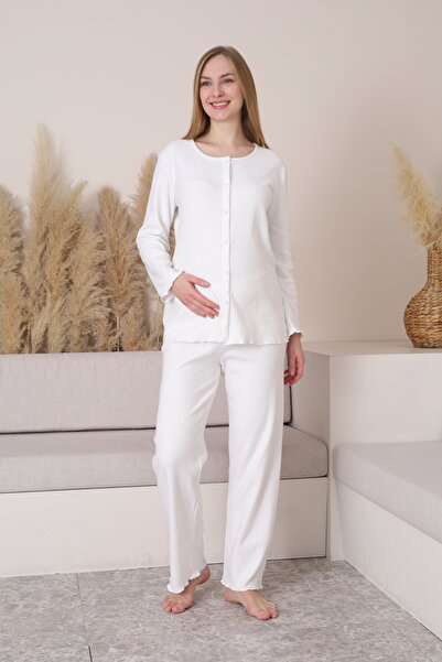 Miss Dünya Lissa Front Buttoned Soft Fabric Crew Neck Long Sleeve Maternity a...