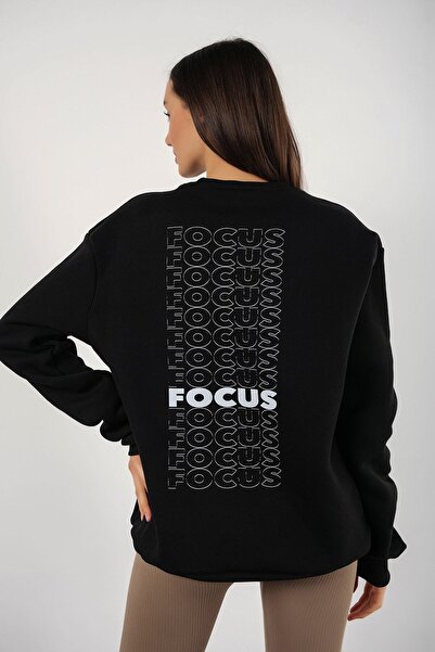 donamod Γυναικεία Μαύρη Εστίαση Πίσω Εκτύπωση Crew Neck Oversize Φούτερ με στ...