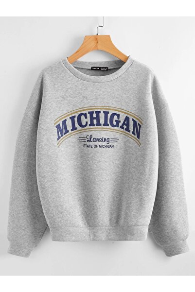 donamod Γυναικείο φούτερ Grey Michigan με τύπωμα Crew Neck oversized beniseng...